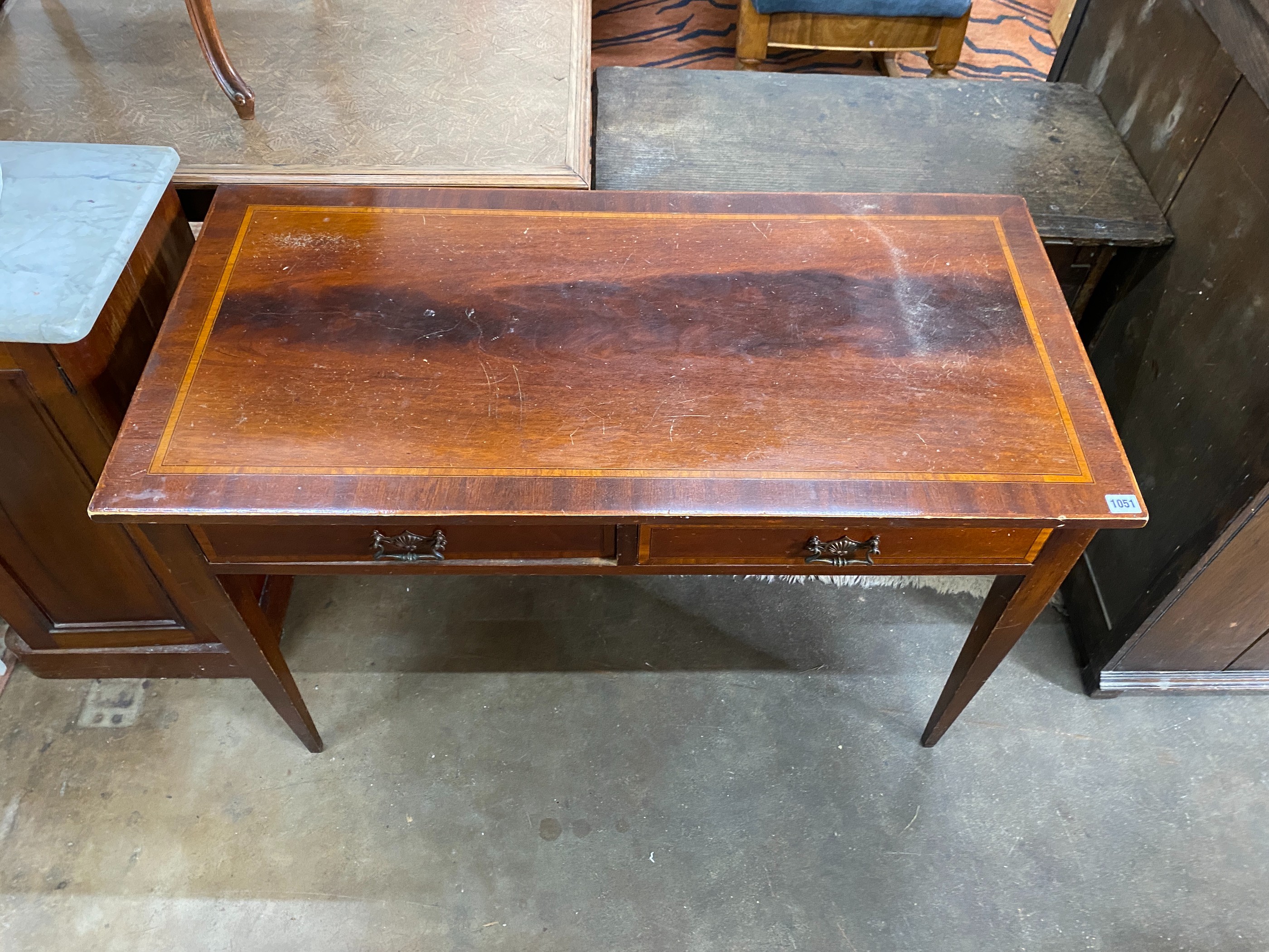 An Edwardian satinwood banded mahogany two drawer side table, width 105cm, depth 52cm, height 71cm